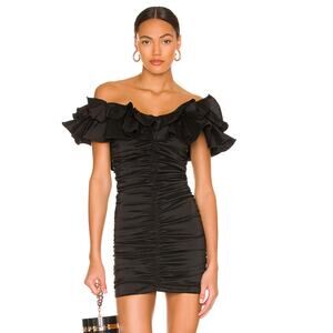 Lovers & Friends Nikolina Ruched Dress Black Taffeta Ruffle Off‎ Shoulder Sz S